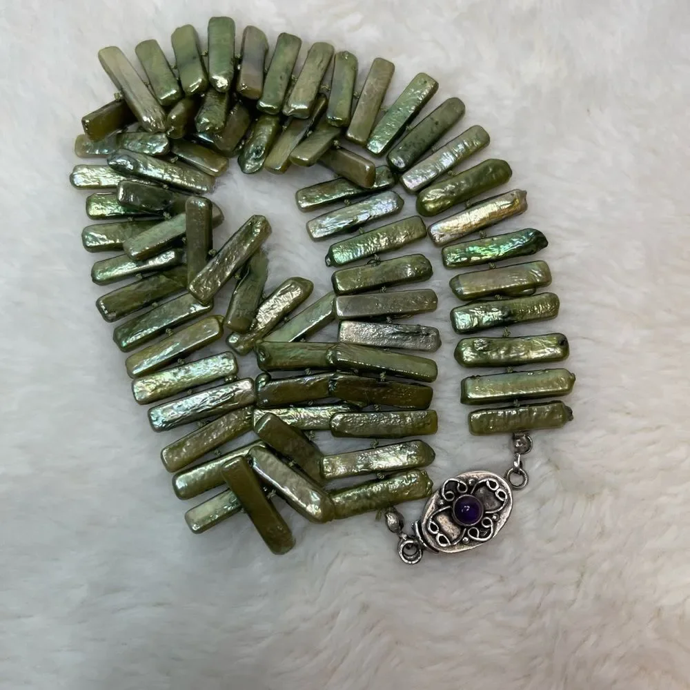 Freshwater Pearl Necklace Pale Green Rectangular Baroque Pearls